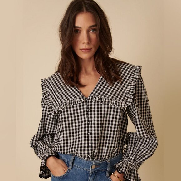 NEW Nobody's Child Black Gingham Frill Collar Blouse - S (US 4) - Picture 1 of 5